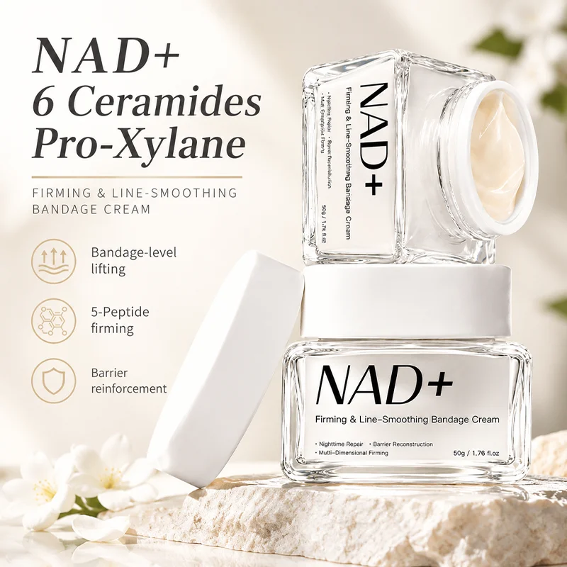 NAD+ firming and line-smoothing bandage cream packaging with product benefits including 6 ceramides, pro-xylane, and 5-peptide firming.